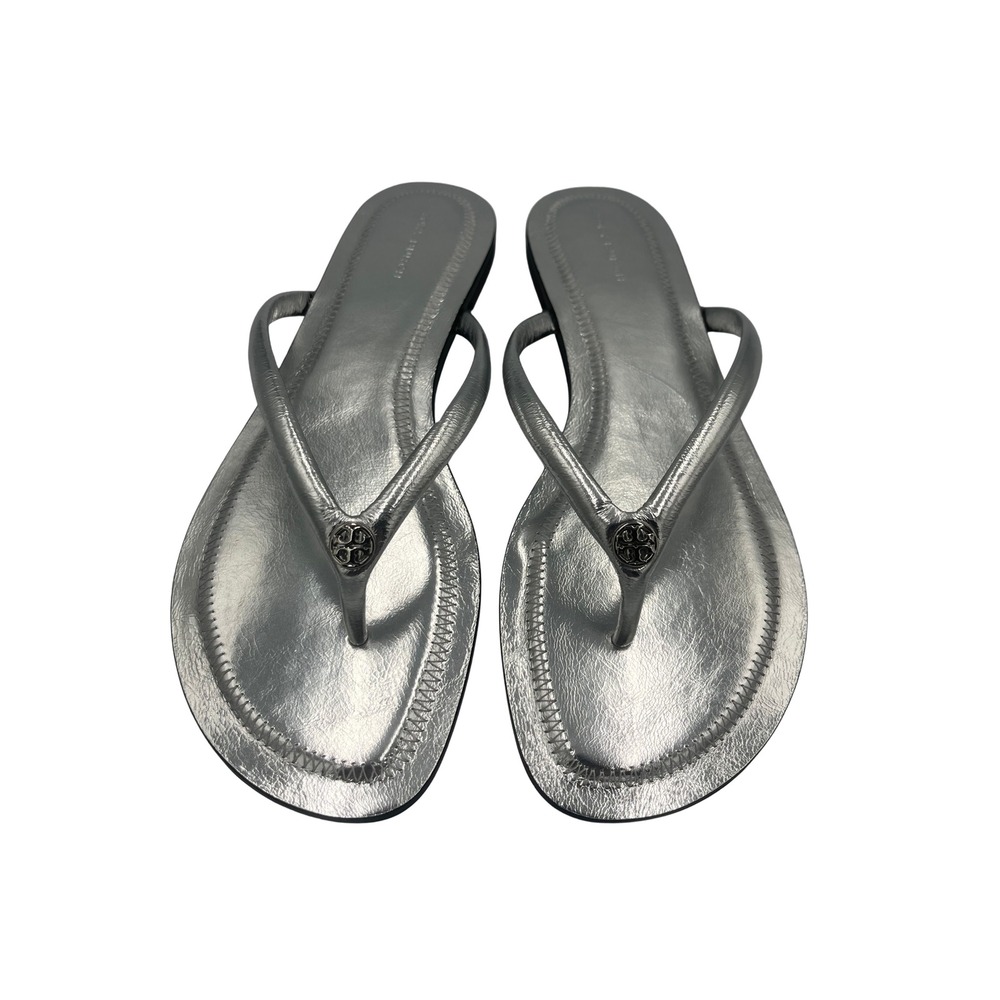 Tory Burch Chelsea Leathr Flip Flop Slver Metallic Crinkle Sandals Size 9 AQUQC8